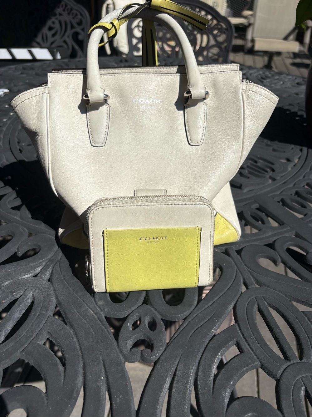 COACH Cream Leather Satchel with Yellow Accents and Matching Wallet